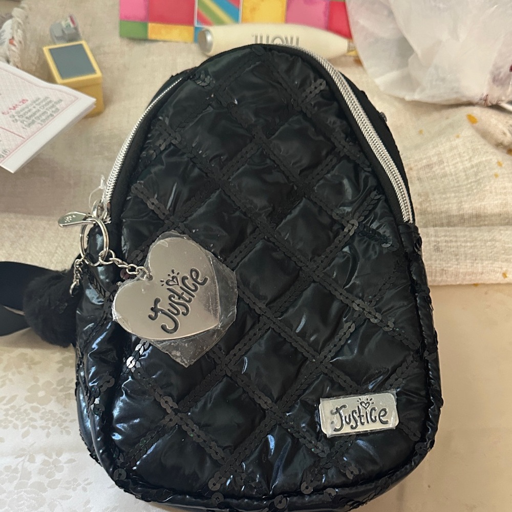Justice Shiny Black Quilted Backpack